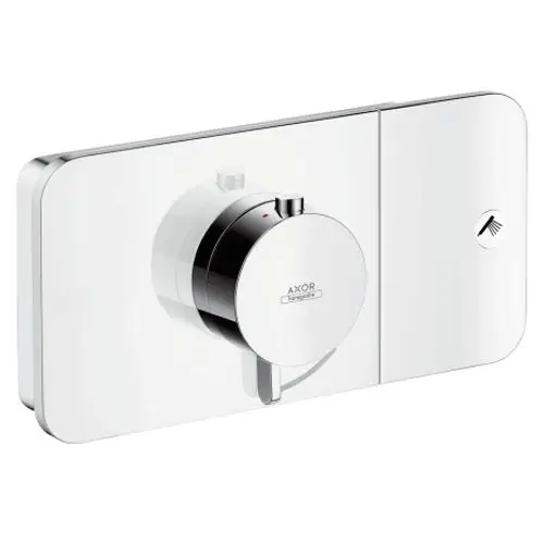 Thermostatmodul von AXOR in Chromoptik, geeignet für Unterputzinstallation, mit einem runden Drehregler zur Temperatureinstellung und einem Wasserhahn-Symbol für die Anwendung.